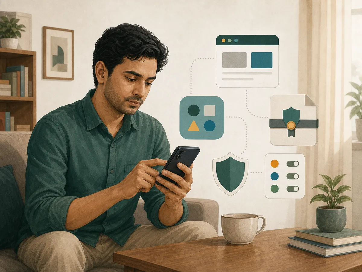 মোবাইল ওয়েব, App ও APK-এর উৎস ও অনুমতি যাচাই করছেন একজন বাংলাদেশি প্রাপ্তবয়স্ক