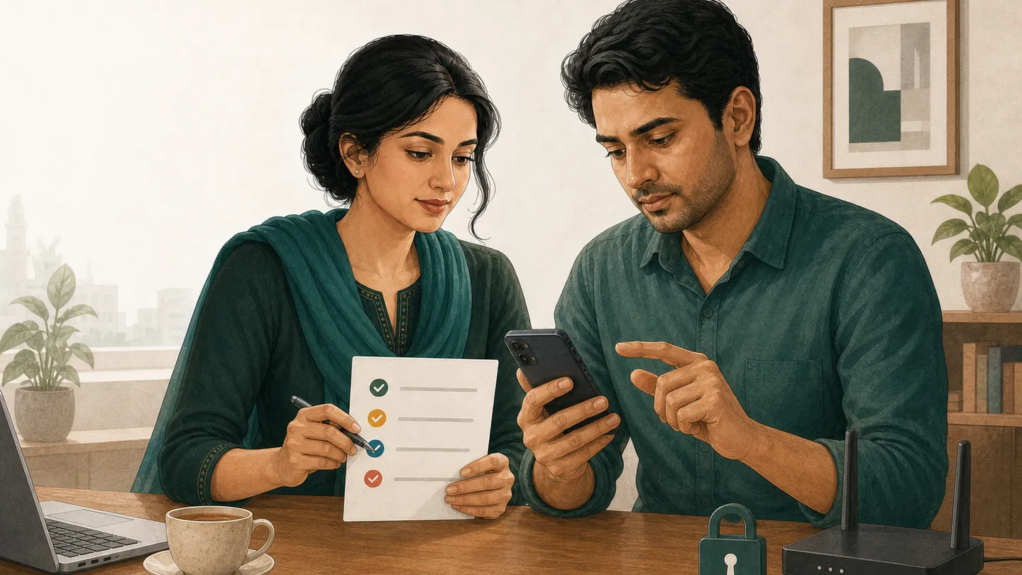লগইন আবার চেষ্টা করার আগে ফোন ও চার ধাপের তালিকা যাচাই করছেন দুই বাংলাদেশি প্রাপ্তবয়স্ক